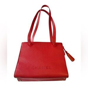 Chanel Vintage Red Caviar Leather Shoulder Tote Bag CC Logo Authentic